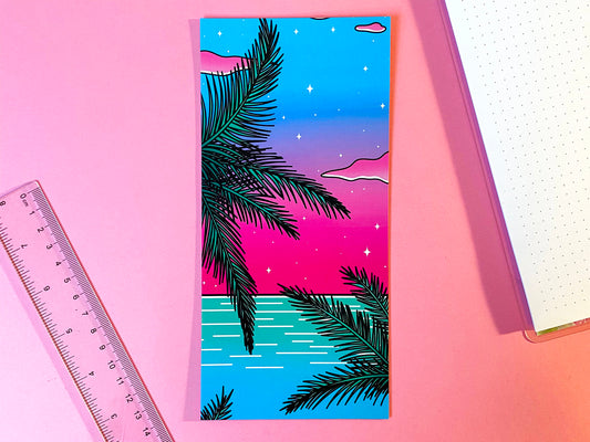 Carte Postale DL | Art Print Vaporwave | Palmier et Ocean | Rose et bleu