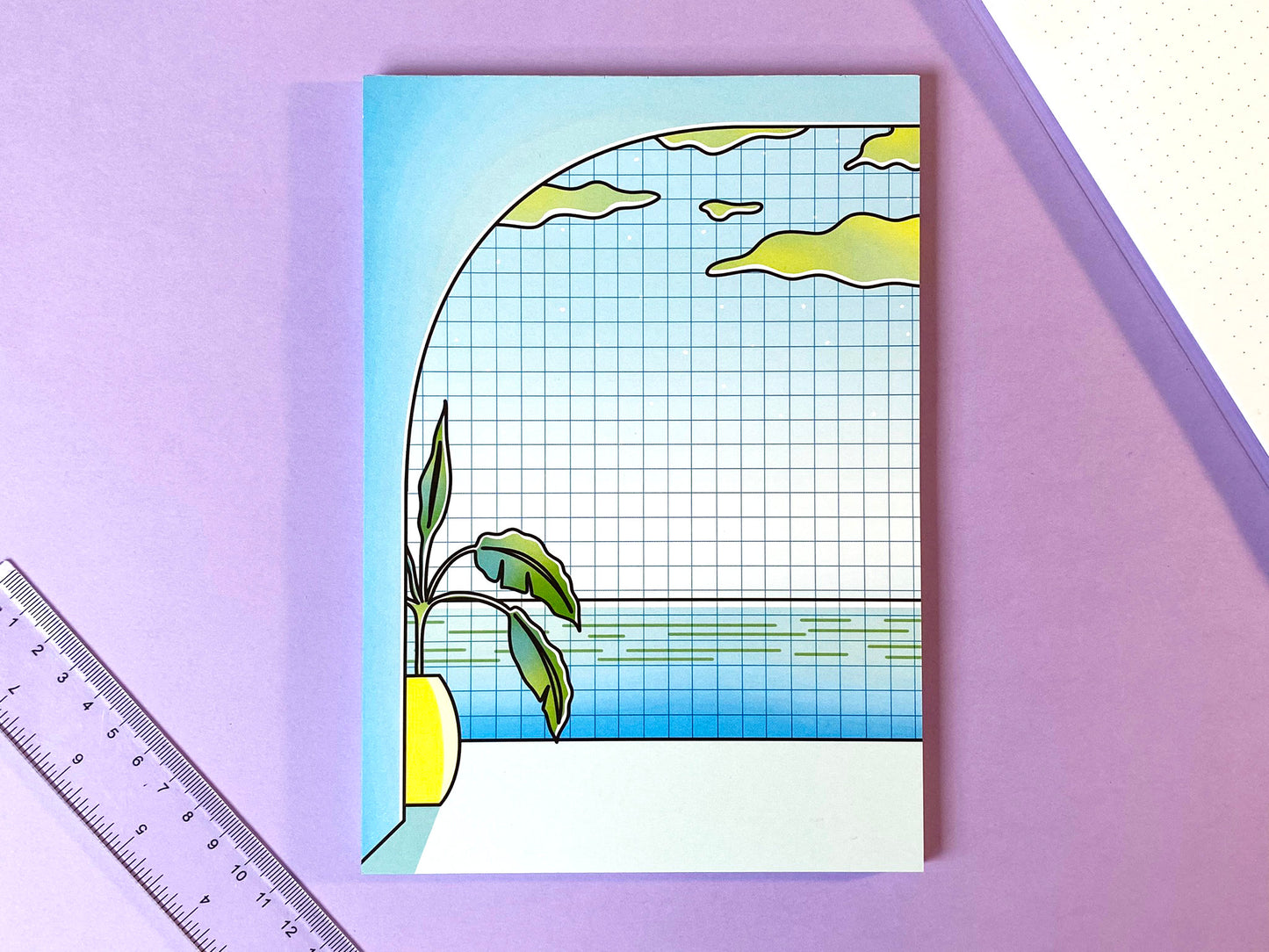 Vaporwave A5 Notepad | Paradise landscape calm and ocean view| Blue & Green