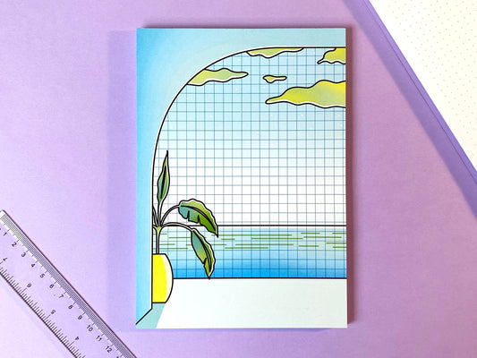 Vaporwave A5 Notepad | Paradise landscape calm and ocean view| Blue & Green