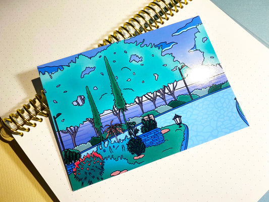 Carte Postale A6 | Art Print Vaporwave "Promenade matinale au jardin" | Vert et bleu