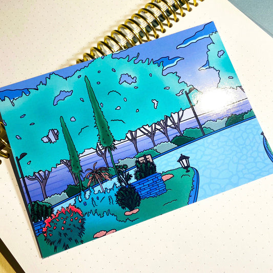 A6 Postcard | Art Print Vaporwave "Morning walk in the garden" | Green and blue