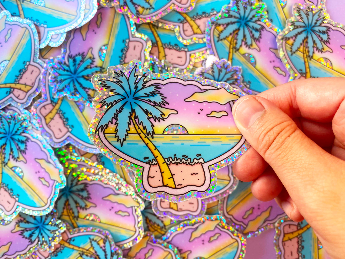 Sticker Holographique forme coquillage - Vue sur la mer & palmier