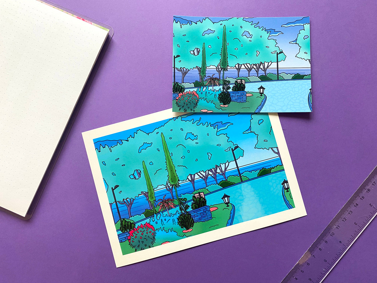 A5 Postcard | Art Print Vaporwave "Morning walk in the garden" | Green and blue