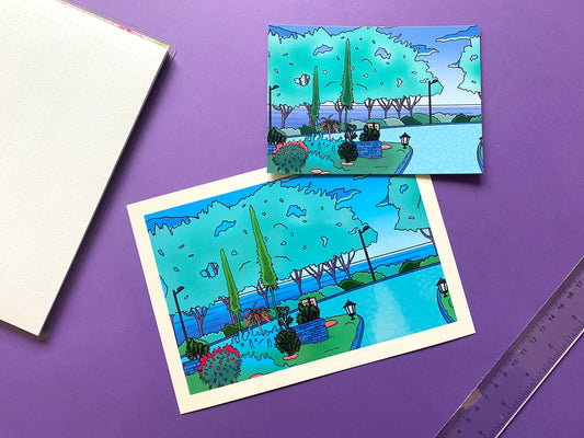 Carte Postale A5 | Art Print Vaporwave "Promenade matinale au jardin" | Vert et bleu