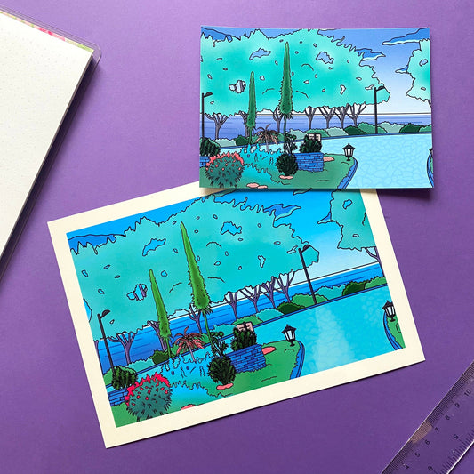 A5 Postcard | Art Print Vaporwave "Morning walk in the garden" | Green and blue