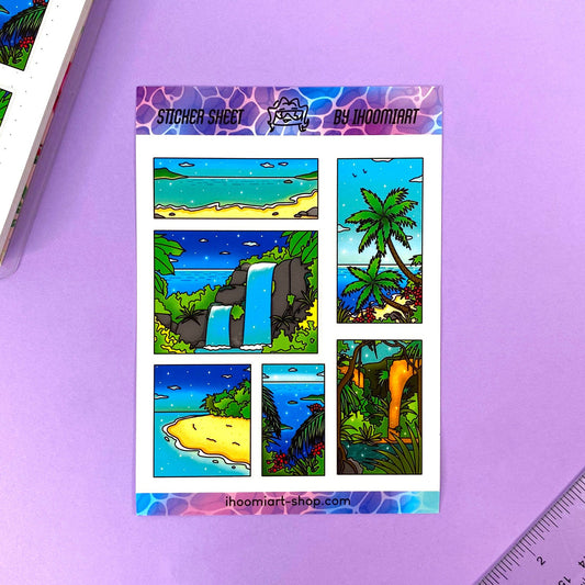 Tropical Exploration A6 Sticker Sheet | Island, jungle and ocean view