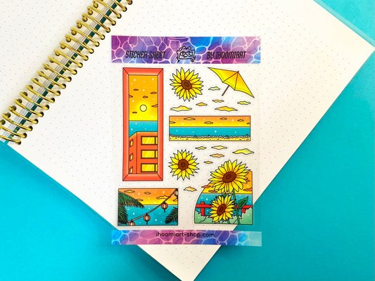 Hot Summer A6 Clear Sticker Sheet | Summer day landscape and Sunflower View