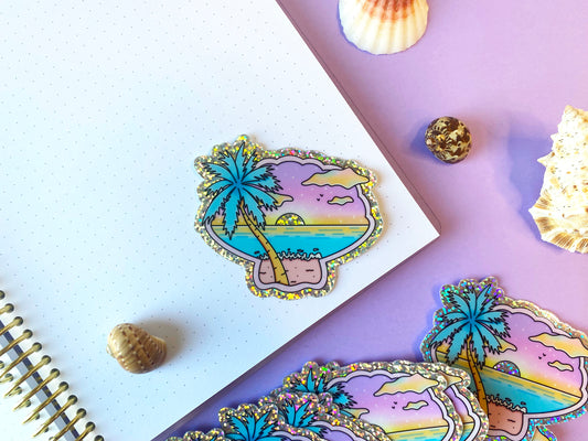 Sticker Holographique forme coquillage - Vue sur la mer & palmier