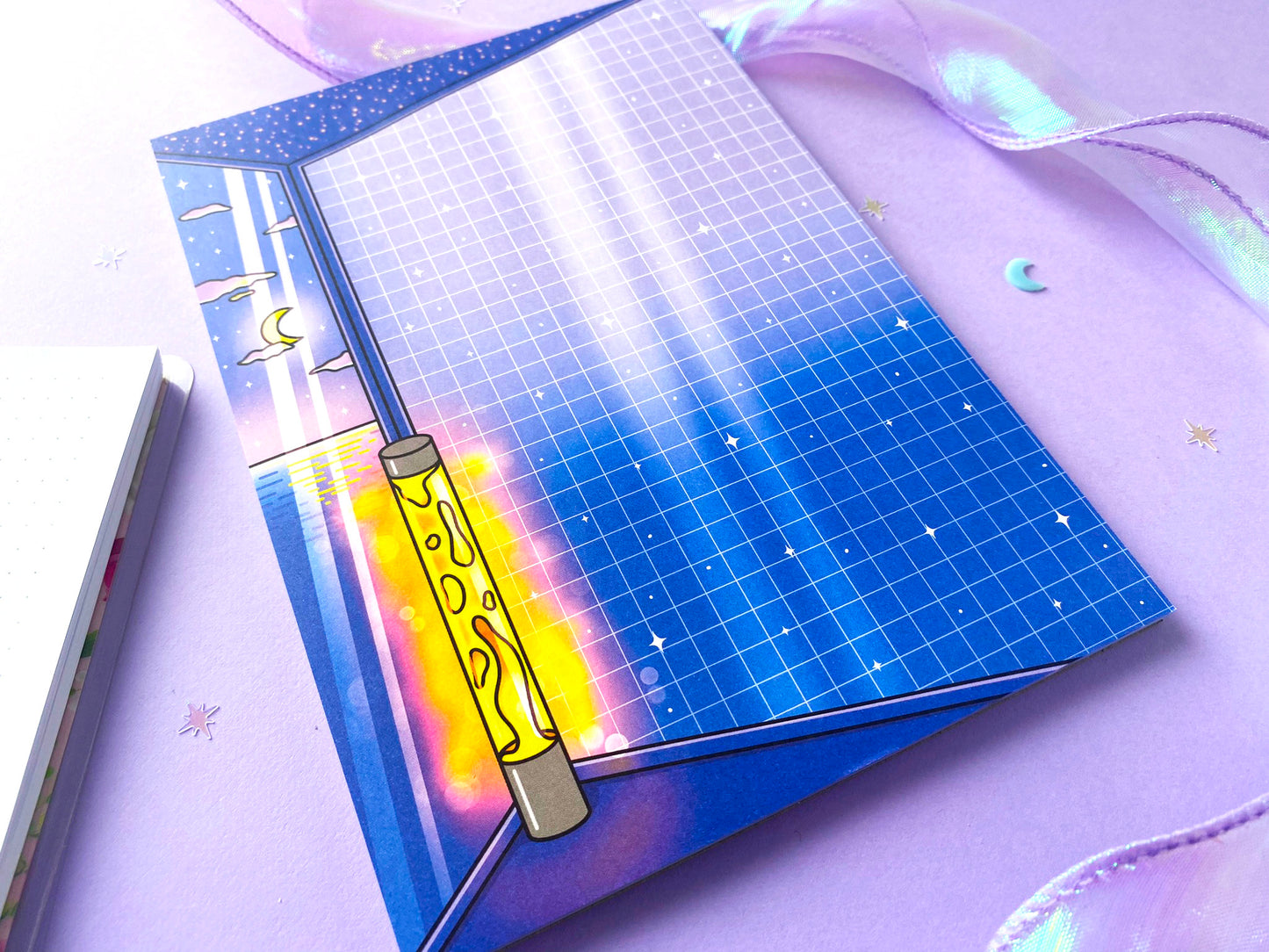 Night Aesthetic A5 Notepad | Bedroom, lava lamp light, moon and night ocean view | Vaporwave vibes
