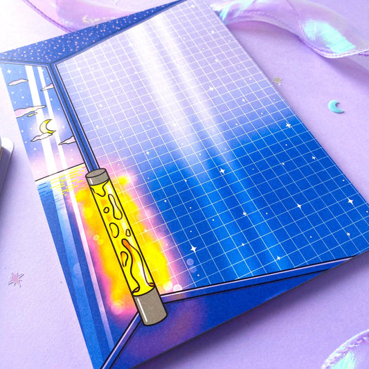 Night Aesthetic A5 Notepad | Bedroom, lava lamp light, moon and night ocean view | Vaporwave vibes