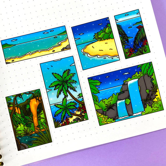 Tropical Exploration A6 Sticker Sheet | Island, jungle and ocean view