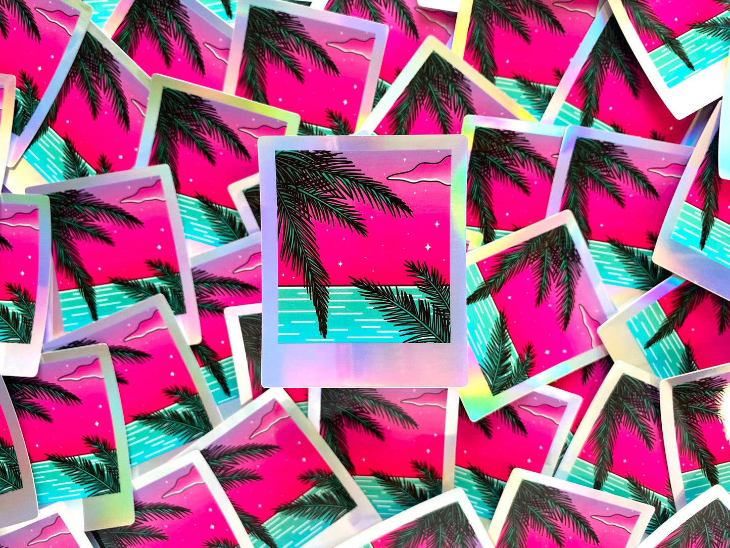 Holographic Waterproof Sticker - Polaroid "Palm Tree and Ocean"