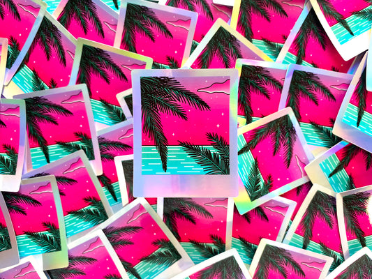 Sticker Waterproof Holographique - Polaroid « Palmier et océan »