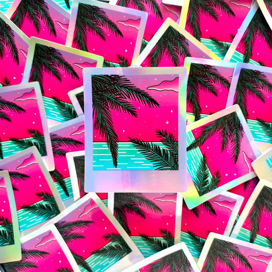 Holographic Waterproof Sticker - Polaroid "Palm Tree and Ocean"