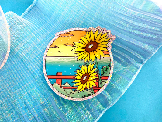 Hot Summer Holographic Glitters Sticker - Ocean View & Sunflower