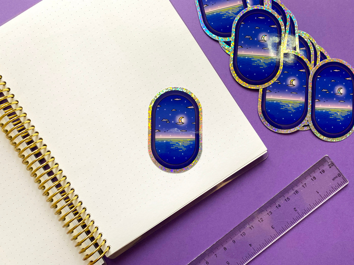 Holographic Glitters Sticker - Night Ocean fly view