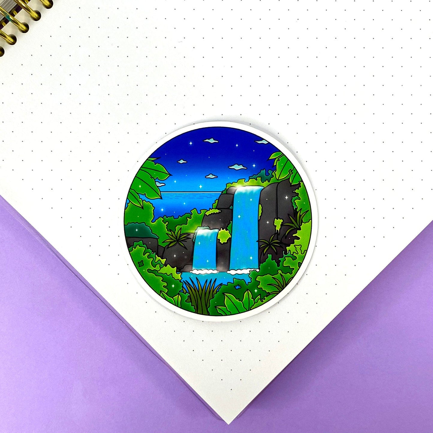 Tropical Exploration Glossy Round Sticker | Discovering a waterfall hidden