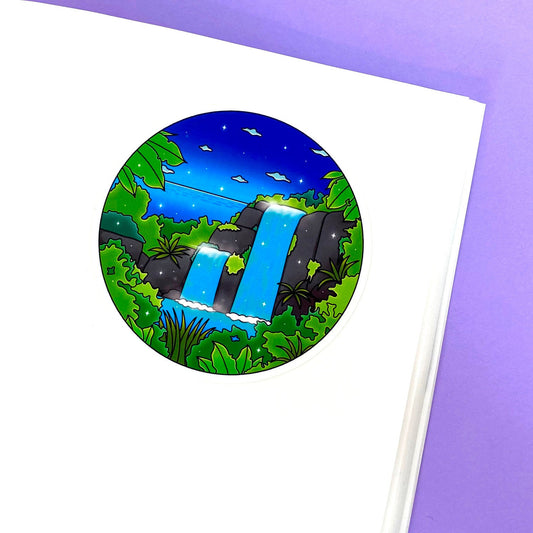 Tropical Exploration Glossy Round Sticker | Discovering a waterfall hidden