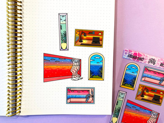 Planche de stickers transparente | Fenêtre Vaporwave, vue et océan