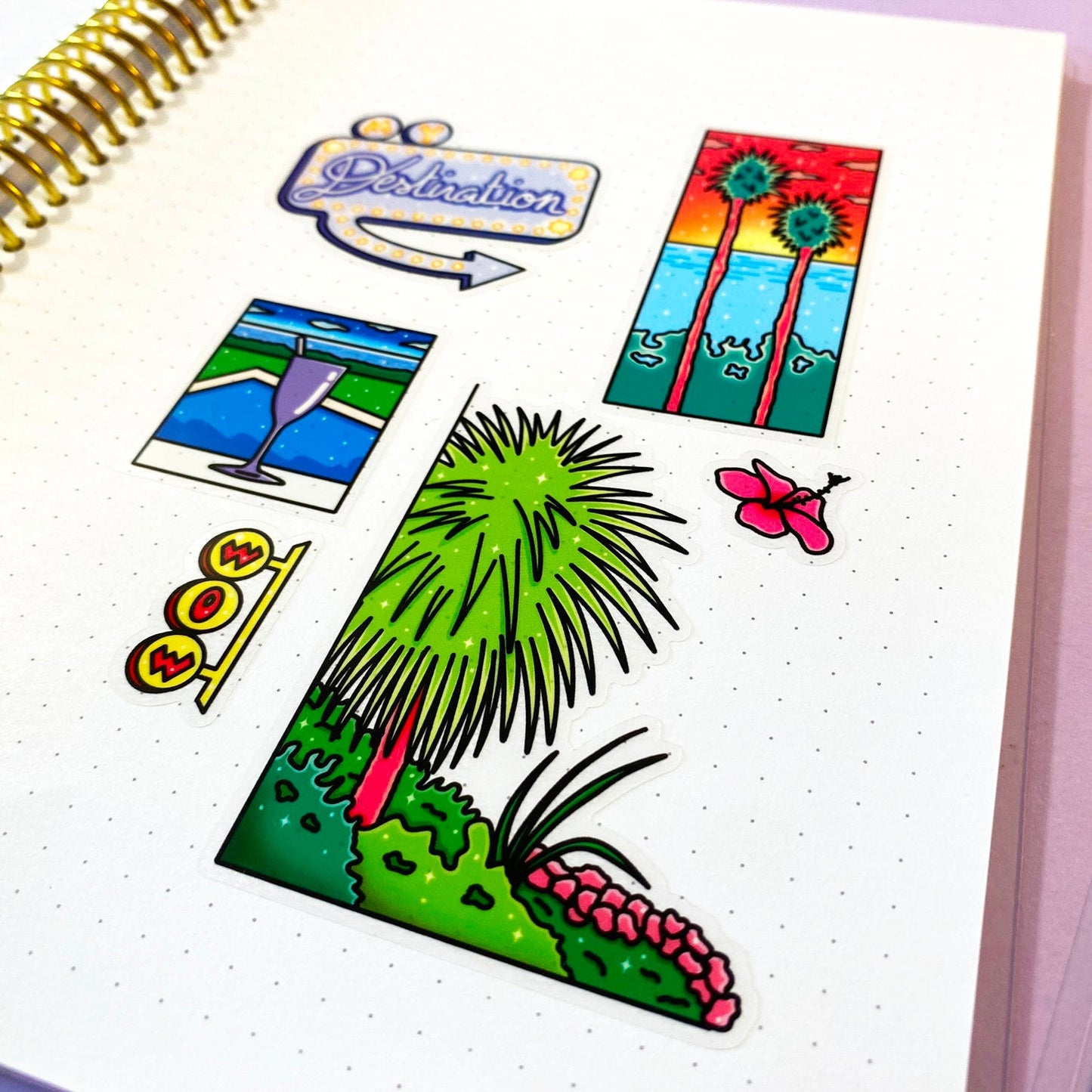 Planche de stickers transparente | Palmier, enseigne néon & Océan