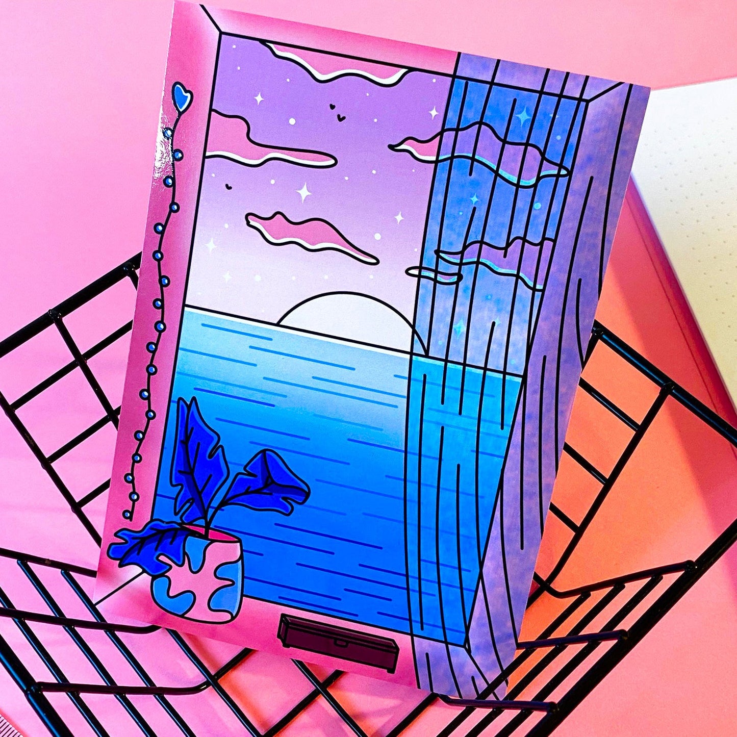 A6 Postcard | Art Print Vaporwave "Ocean View" Pink and Blue