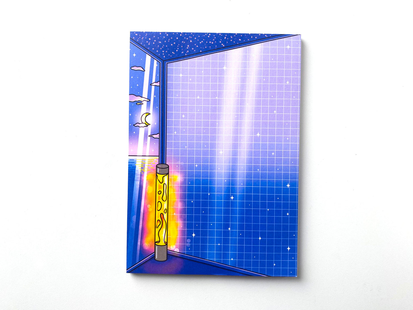 Night Aesthetic A5 Notepad | Bedroom, lava lamp light, moon and night ocean view | Vaporwave vibes