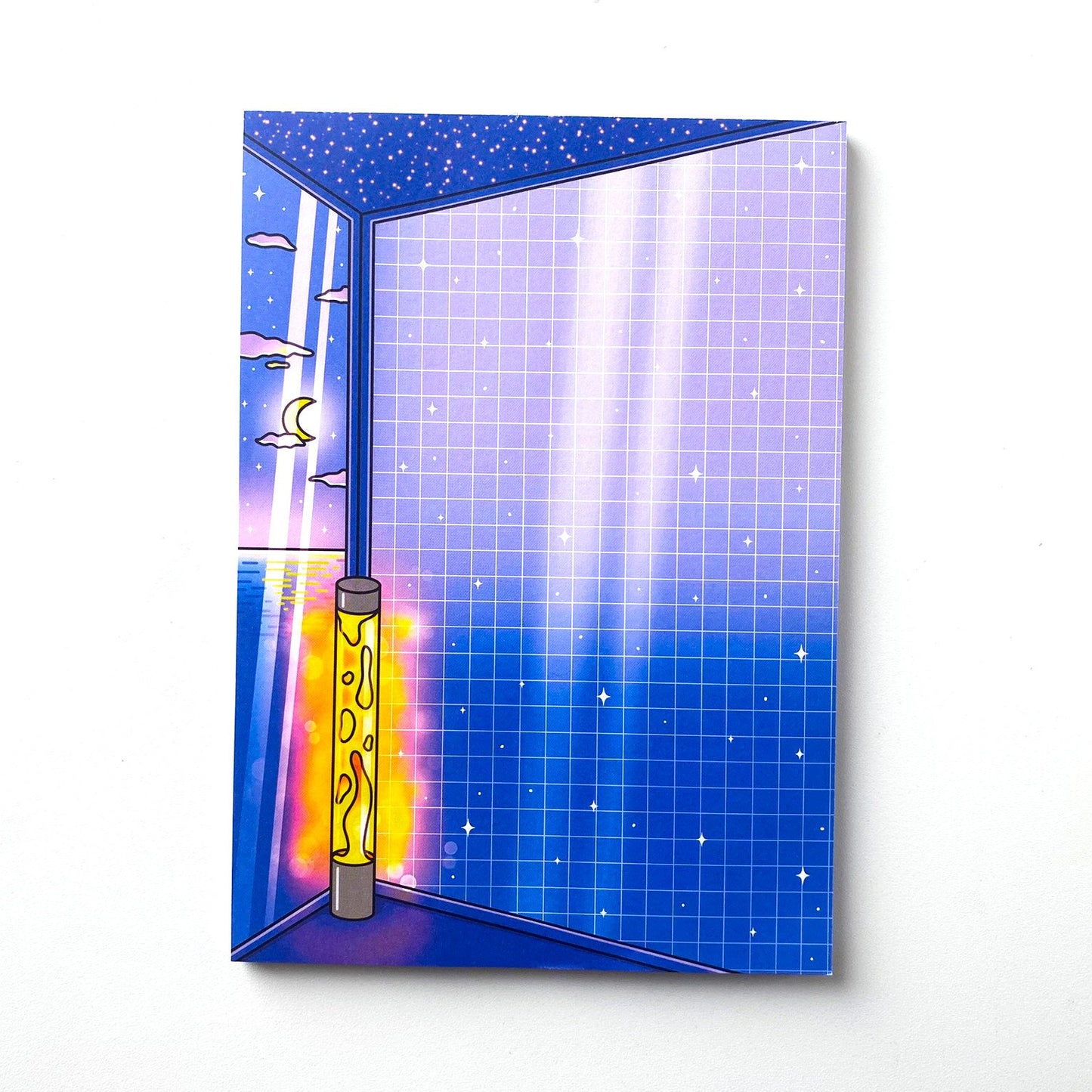 Night Aesthetic A5 Notepad | Bedroom, lava lamp light, moon and night ocean view | Vaporwave vibes