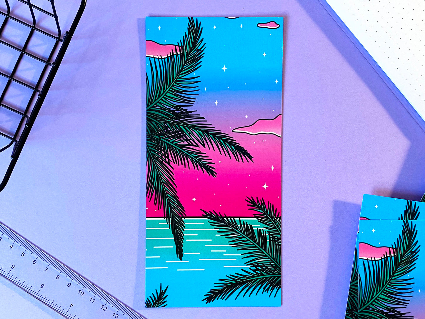 DL Postcard | Art Print Vaporwave | Palm Tree and Ocean | Pink and blue