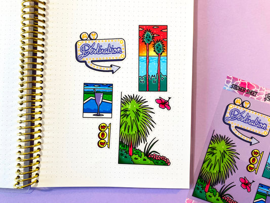 Planche de stickers transparente | Palmier, enseigne néon & Océan