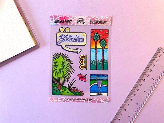 Planche de stickers transparente | Palmier, enseigne néon & Océan