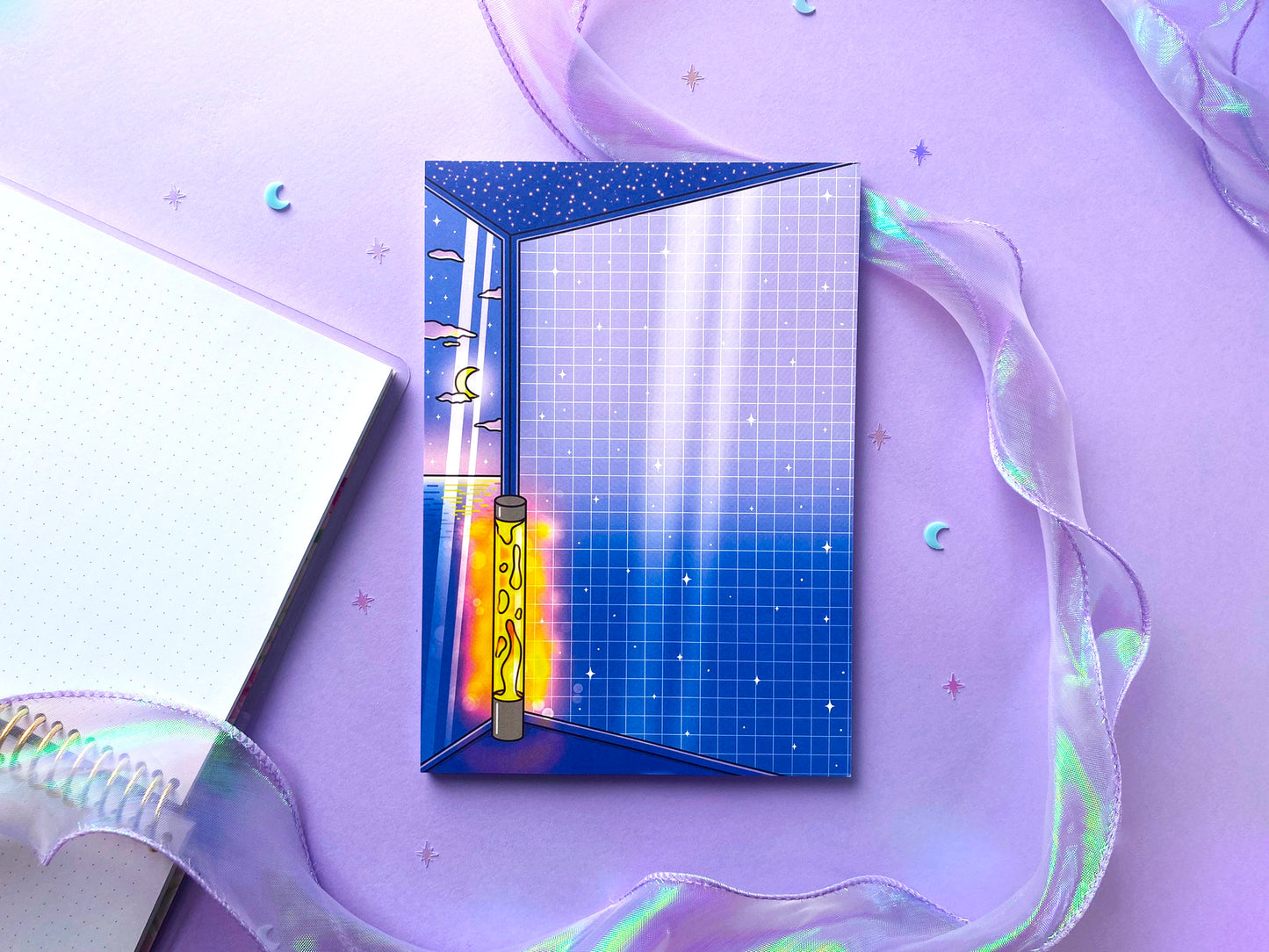 Night Aesthetic A5 Notepad | Bedroom, lava lamp light, moon and night ocean view | Vaporwave vibes