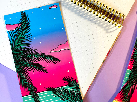 Carte Postale DL | Art Print Vaporwave | Palmier et Ocean | Rose et bleu