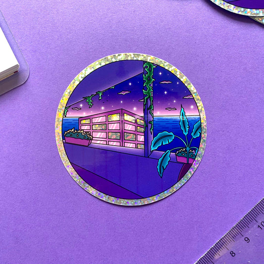 Holographic Glitters Sticker - Night Ocean view plant and city