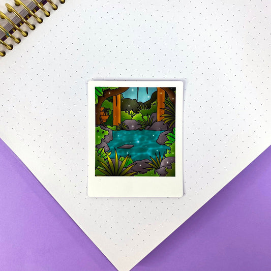 Tropical Exploration Glossy Polaroid Sticker | Ruins and a river in the heart of the jungle.