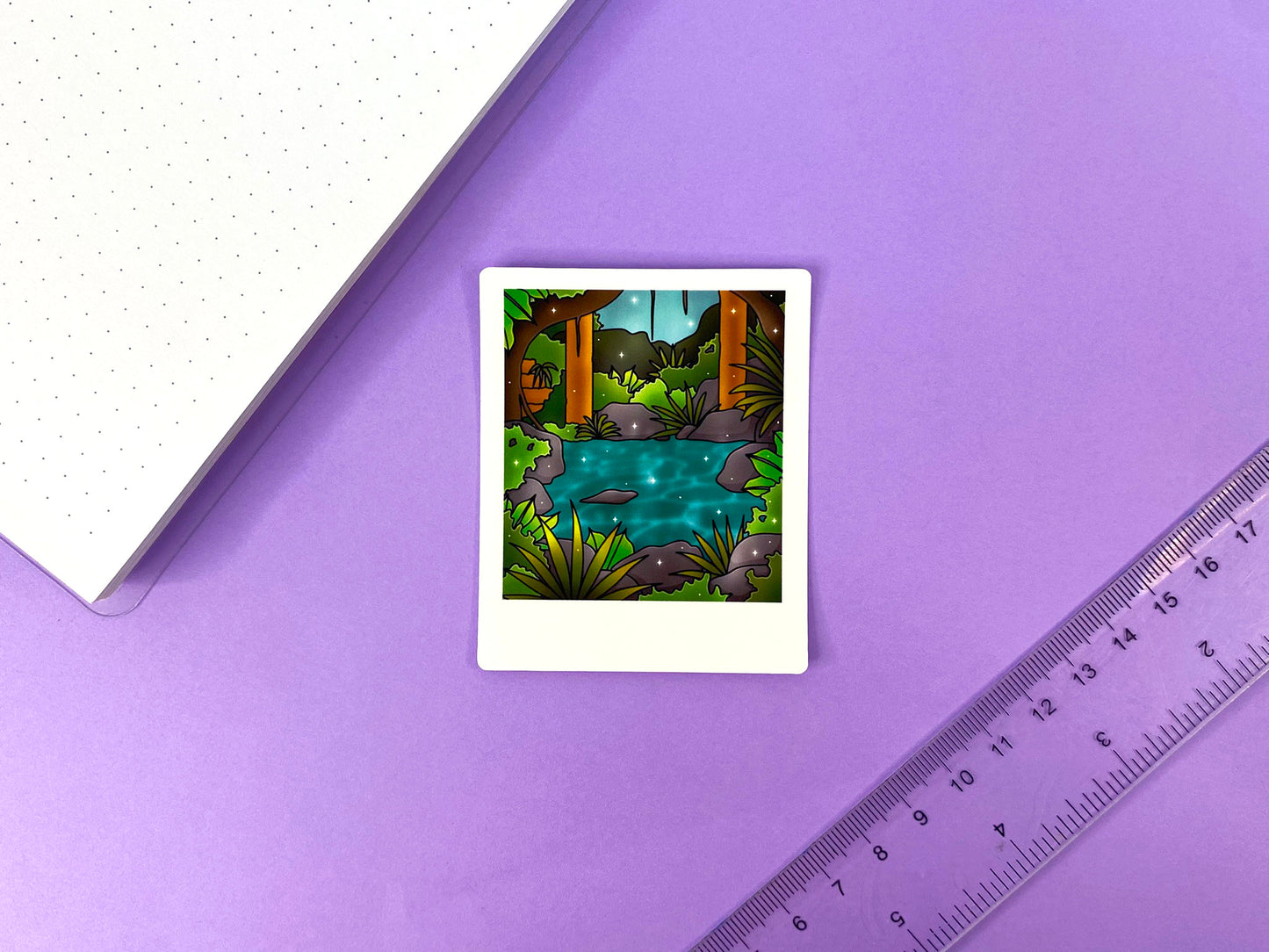 Stickers Polaroid Tropical Exploration | Ruines et rivière au cœur de la jungle