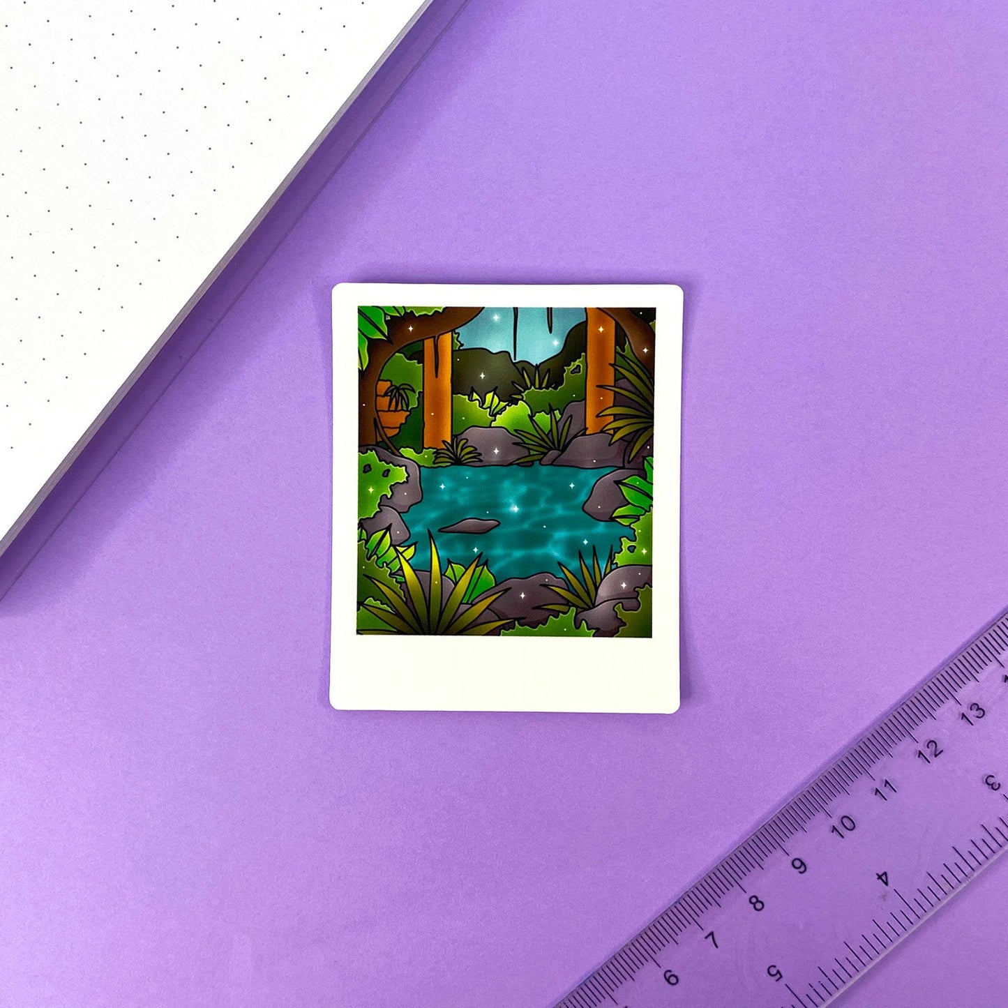 Tropical Exploration Glossy Polaroid Sticker | Ruins and a river in the heart of the jungle.