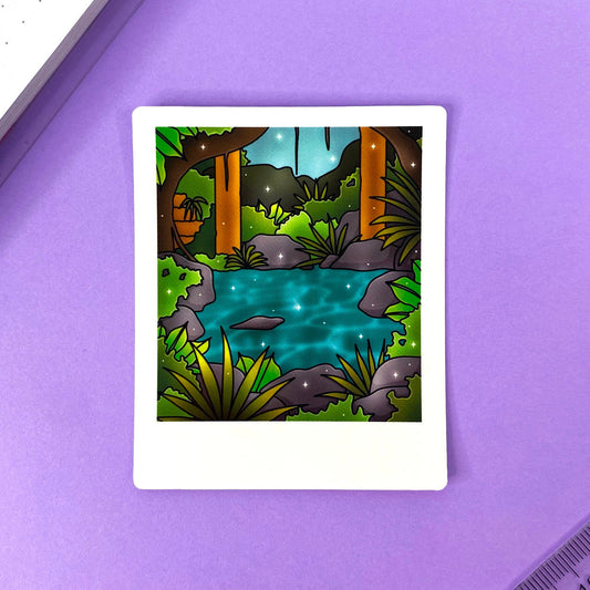 Tropical Exploration Glossy Polaroid Sticker | Ruins and a river in the heart of the jungle.