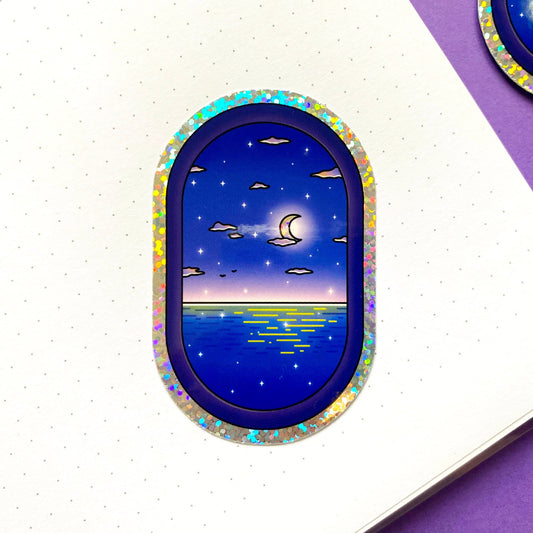 Holographic Glitters Sticker - Night Ocean fly view
