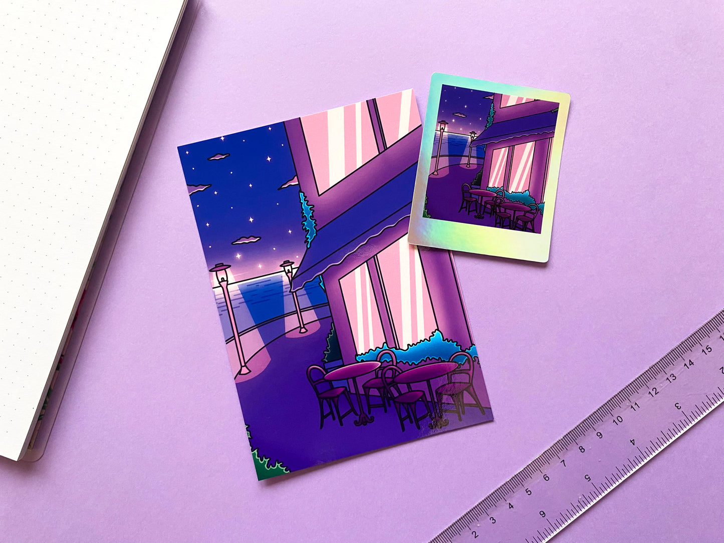 A6 Postcard | Art Print Vaporwave " Late Night Chill Cofee Time" | Purple & Blue