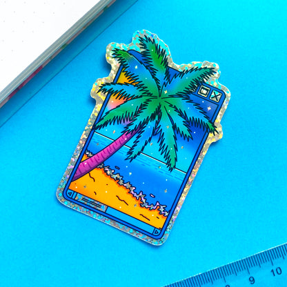 Sticker à paillettes holographiques Collection Nostalgic Fish | Vision digital et plage surréaliste