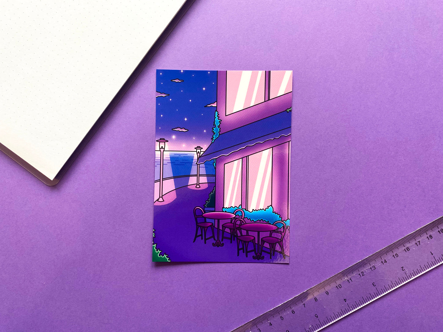 A6 Postcard | Art Print Vaporwave " Late Night Chill Cofee Time" | Purple & Blue