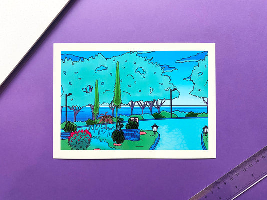 Carte Postale A5 | Art Print Vaporwave "Promenade matinale au jardin" | Vert et bleu