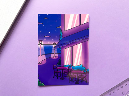 A6 Postcard | Art Print Vaporwave " Late Night Chill Cofee Time" | Purple & Blue