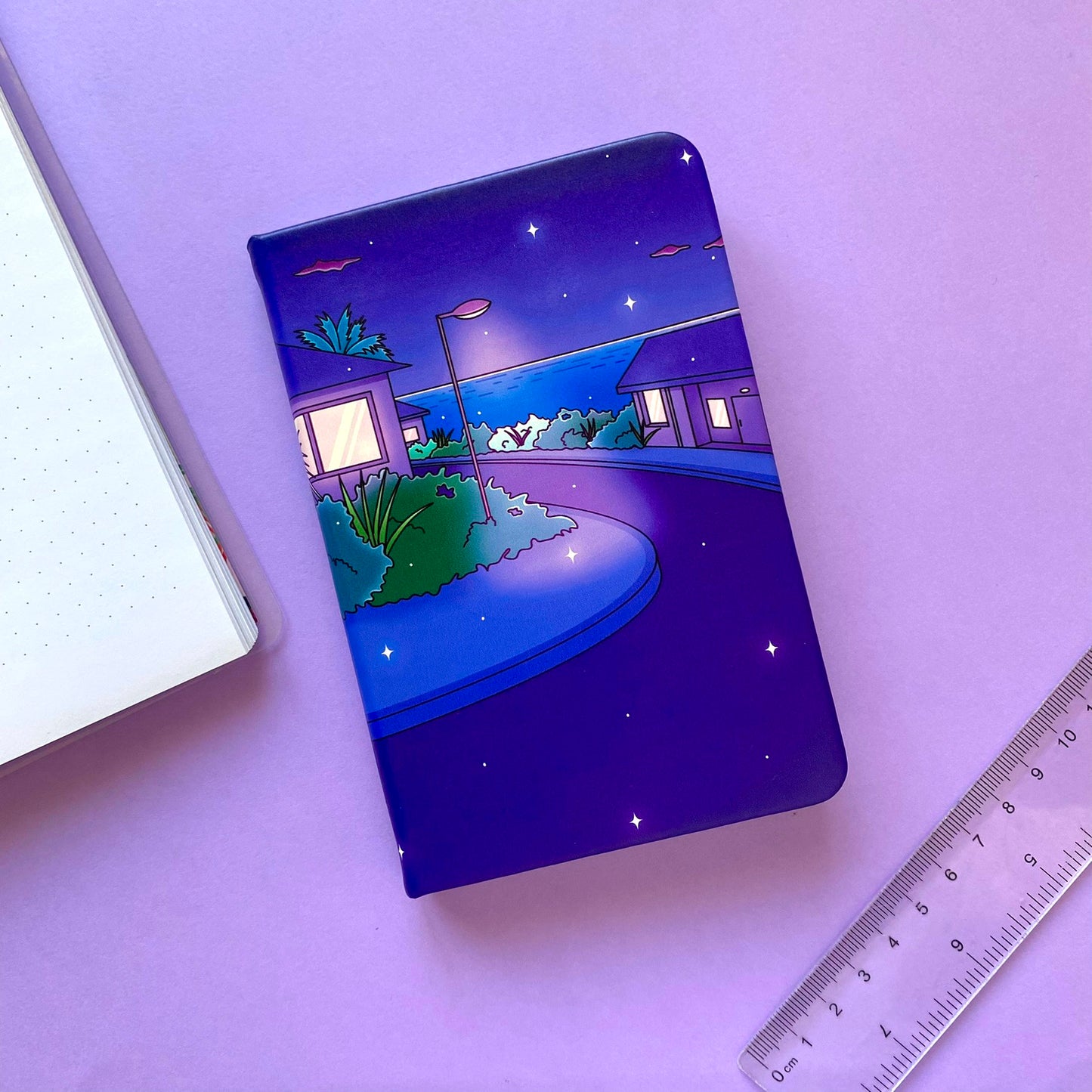A6 Late Night Notebook - Hardcover, 120 lined pages | Vaporwave Night Illustration | ihoomiArt