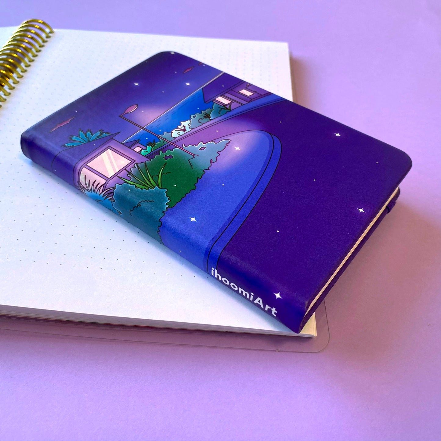 A6 Late Night Notebook - Hardcover, 120 lined pages | Vaporwave Night Illustration | ihoomiArt