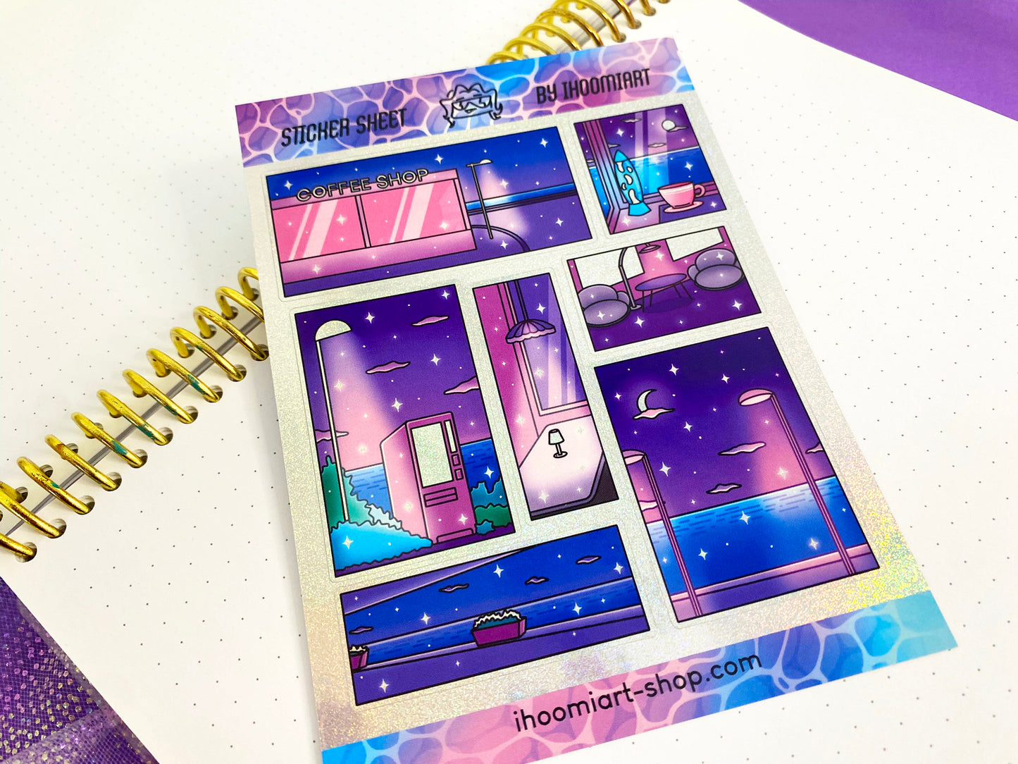 Late Night - A6 Glitters Holographic Sticker Sheet - Night Walk Scenes