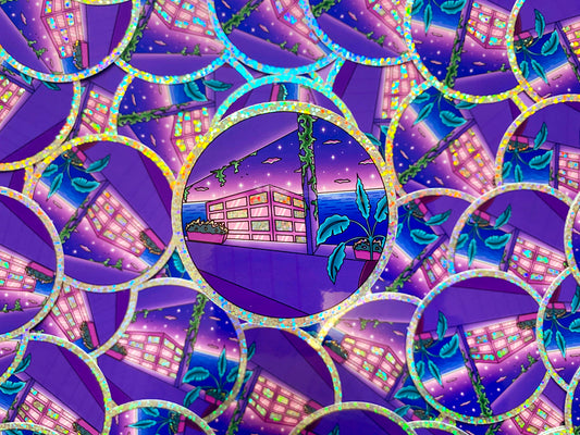 Holographic Glitters Sticker - Night Ocean view plant and city