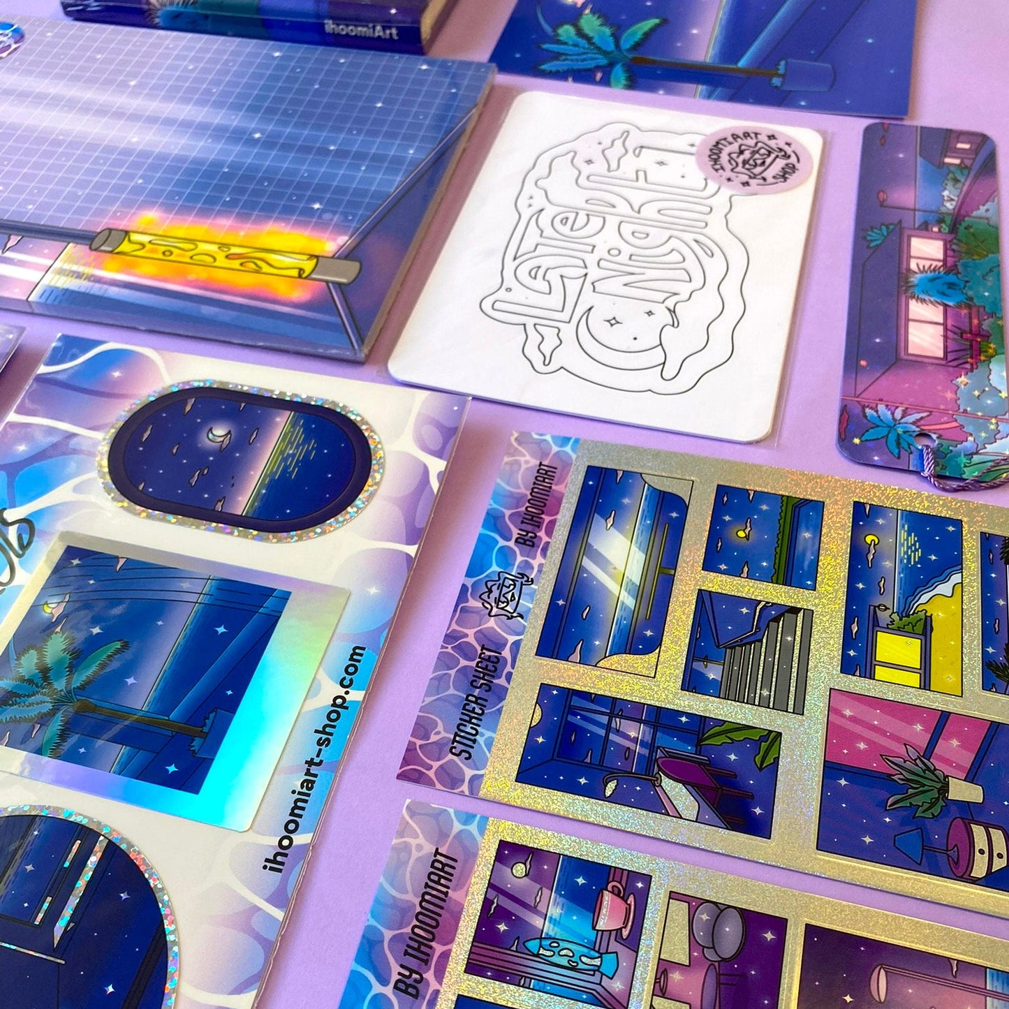 Late Night Stationery Gift Set – 16 pieces | Holographic Stickers, Notebook, Notepad | ihoomiArt