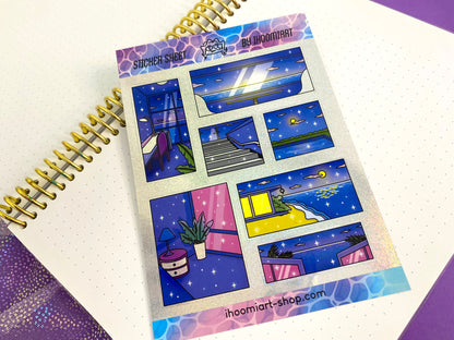 Late Night - A6 Glitters Holographic Sticker Sheet - Night Walk Scenes (Vers.2)