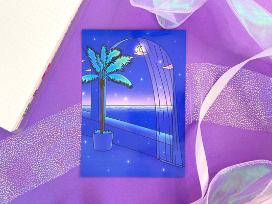 Late Night Carte Postale A6 Art Print Blue  Vue nocturne sur l’Océan